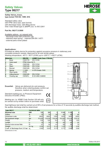 HEROSE Type 06217 Safety Valve Datasheet - cover page