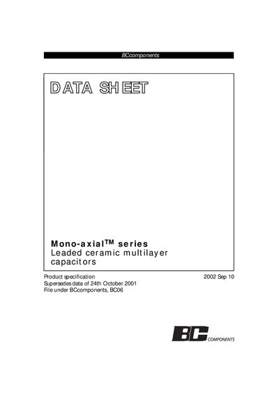 BCcomponents Mono-axial Series Leaded Ceramic Multilayer Capacitors Datasheet - cover page