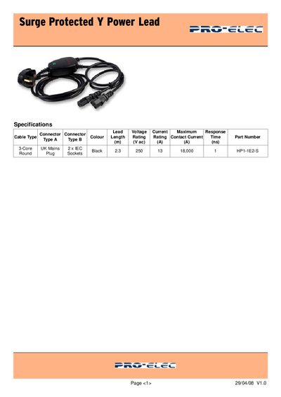 Pro-Elec Surge Protected Y Power Lead Datasheet - cover page