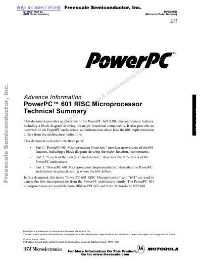 Motorola PowerPC 601 RISC Microprocessor Technical Summary - cover page