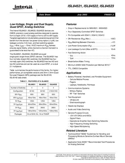 Intersil ISL84521/ISL84522/ISL84523 Quad Analog Switch Datasheet - cover page