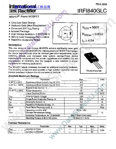 International Rectifier IRFI840GLC Datasheet - cover page