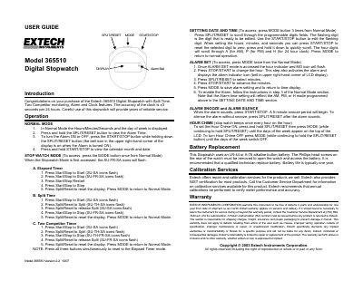 Extech Model 365510 Digital Stopwatch User Guide - cover page