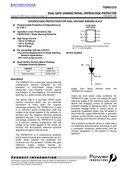 Power Innovations TISP83121D Dual-Gate Unidirectional Overvoltage Protector Datasheet - cover page