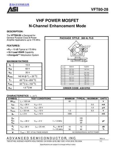 ASI VFT80-28 Power MOSFET Datasheet - cover page