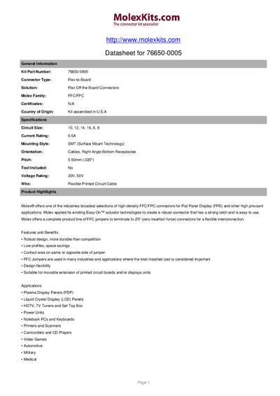 Molex 76650-0005 Flex-to-Board Connector Datasheet - cover page