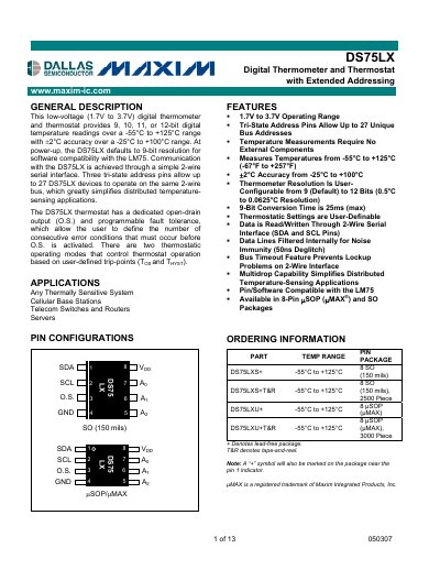 Maxim DS75LX Digital Thermometer and Thermostat Datasheet - cover page