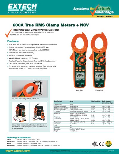 Extech MA620/MA640 600A True RMS Clamp Meter Product Leaflet - cover page