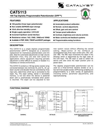 Catalyst CAT5113 Digital Potentiometer Datasheet