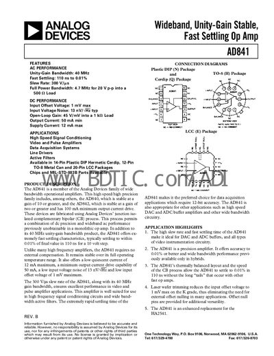 Analog Devices AD841 Operational Amplifier Datasheet - cover page