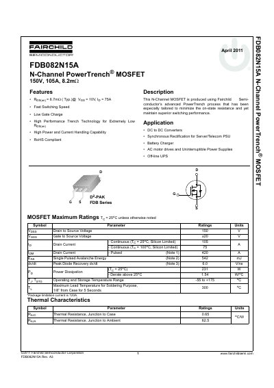 Fairchild Semiconductor FDB082N15A N-Channel MOSFET Datasheet - cover page