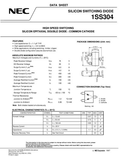 NEC 1SS304 Silicon Switching Diode Datasheet - cover page