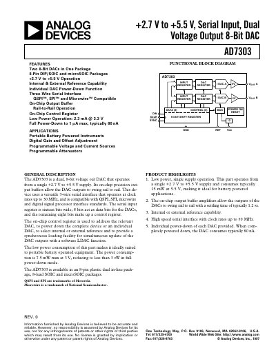 Analog Devices AD7303 Dual 8‑Bit DAC Datasheet - cover page