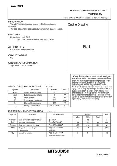 Mitsubishi MGF1952A GaAs FET Datasheet - cover page