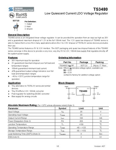 Taiwan Semiconductor TS3480 Low Quiescent Current LDO Voltage Regulator Datasheet - cover page