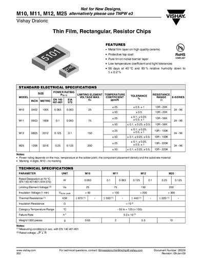 Vishay M10/M11/M12/M25 Thin Film Resistor Chips Datasheet - cover page