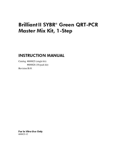Agilent Technologies BrilliantIISYBR GreenQRT-PCR Master Mix Kit 1-Step INSTRUCTION MANUAL - cover page