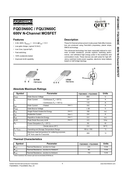 Fairchild Semiconductor FQD3N60C/FQU3N60C 600V N-Channel MOSFET Datasheet - cover page