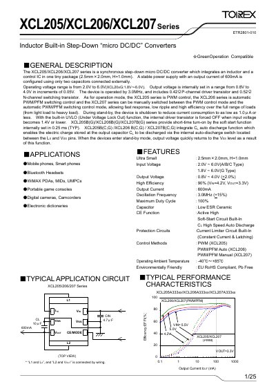 Torex XCL205/XCL206/XCL207 Series Inductor Built-in Step-Down Micro DC/DC Converter Datasheet - cover page