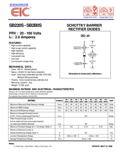 EIC SB220S-SB2B0S Schottky Barrier Rectifier Datasheet - cover page