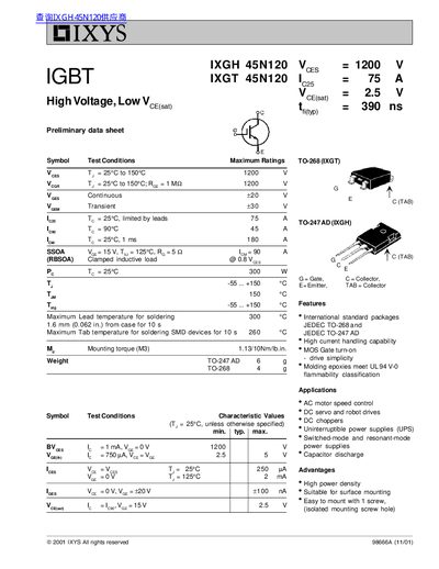 IXYS IXGH 45N120/IXGT 45N120 IGBT Preliminary Data Sheet - cover page