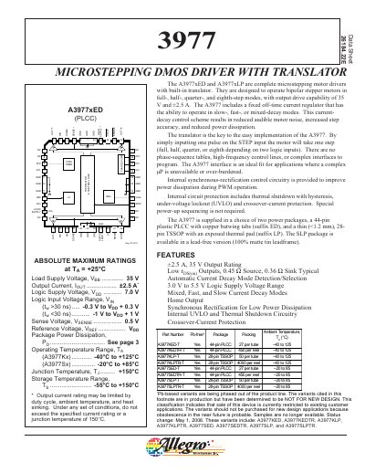 Allegro A3977xED/A3977xLP Microstepping Driver Datasheet - cover page