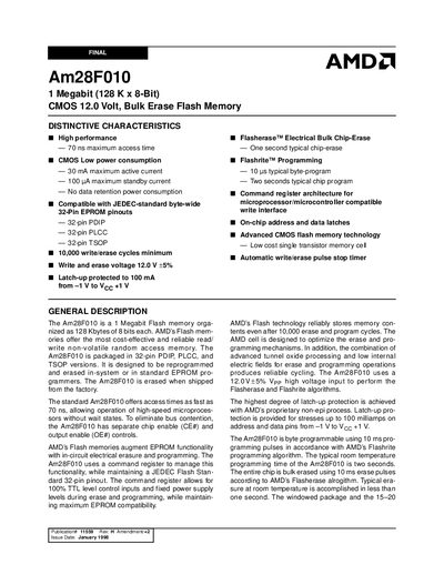 AMD Am28F010 Flash Memory Datasheet - cover page