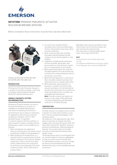 Keystone PremiAir Pneumatic Actuator Installation and Maintenance Instructions - cover page