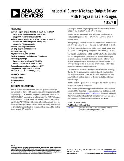 Analog Devices AD5748 Industrial Current/Voltage Output Driver Datasheet - cover page