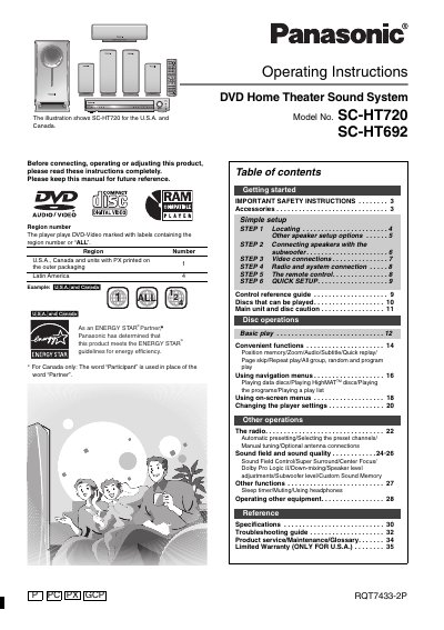 Panasonic SC-HT720/SC-HT692 DVD Home Theater Sound System Operating Instructions - cover page