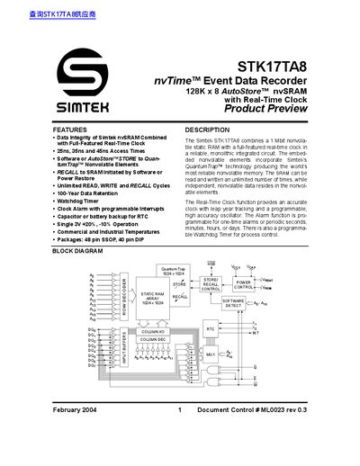 Simtek STK17TA8 Event Data Recorder Datasheet - cover page