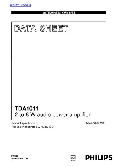 Philips TDA1011 2 to 6 W Audio Power Amplifier Data Sheet - cover page