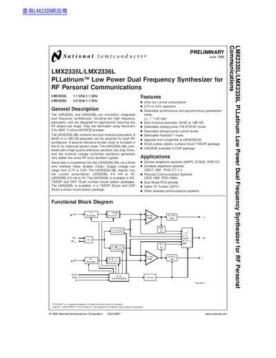 National Semiconductor LMX2335L/LMX2336L PLLatinum Low Power Dual Frequency Synthesizer Datasheet - cover page