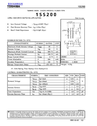 Toshiba 1SS200 Silicon Epitaxial Planar Diode Datasheet - cover page