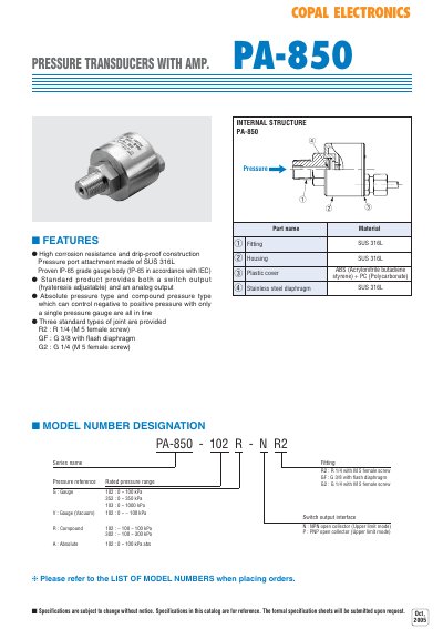 Copal PA-850 Pressure Transducer Manual - cover page