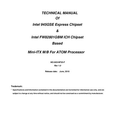 Intel 945GSE Express Chipset Intel FW82801GBM ICH Chipset Based Mini-ITX M/B For ATOM Processor service manual - cover page