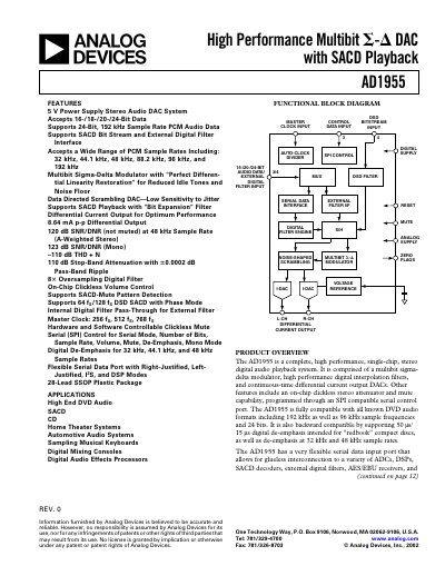 Analog Devices AD1955 High‑Performance Multibit DAC Datasheet