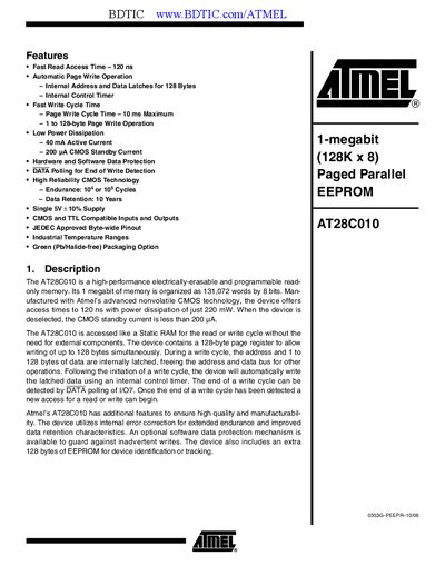 Atmel AT28C010 EEPROM Datasheet - cover page