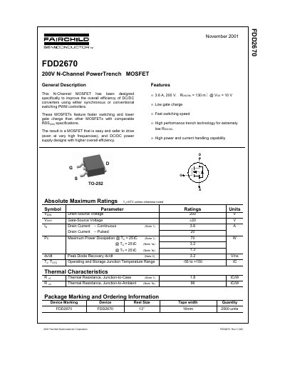 Fairchild FDD2670 N-Channel PowerTrench MOSFET Datasheet - cover page