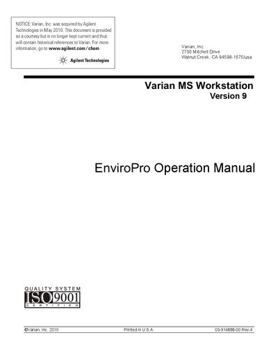 Agilent MS Workstation Version 9 EnviroPro Operation Manual - cover page