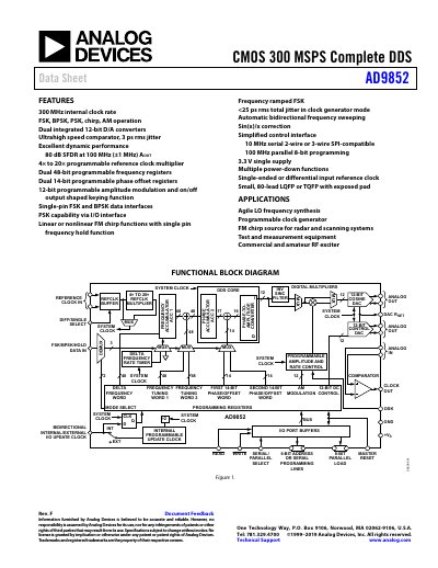 Analog Devices AD9852 Digital Synthesizer Data Sheet - cover page