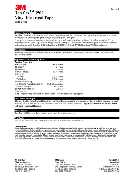 3M Temflex 1500 Vinyl Electrical Tape Data Sheet - cover page