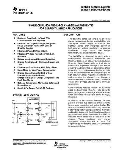 TEXAS INSTRUMENTS bq24200/bq24201/bq24202/bq24203/bq24204/bq24205 handbook - cover page