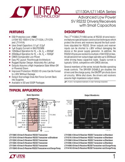 Linear Technology LT1130A/LT1140A Series RS232 Transceiver Datasheet - cover page