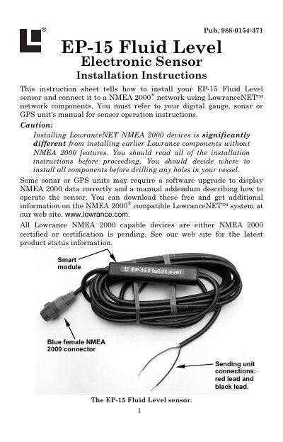 Lowrance EP-15 Fluid Level Electronic Sensor Installation Instructions - cover page