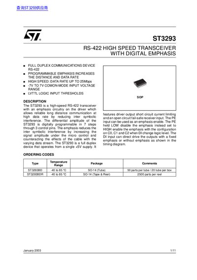 STMicroelectronics ST3293 RS-422 High Speed Transceiver Datasheet - cover page