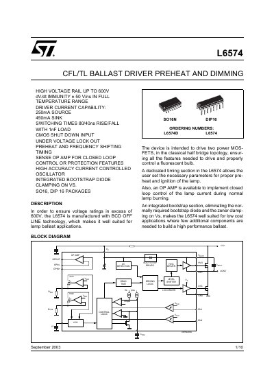 STMicroelectronics L6574 Ballast Driver Datasheet - cover page