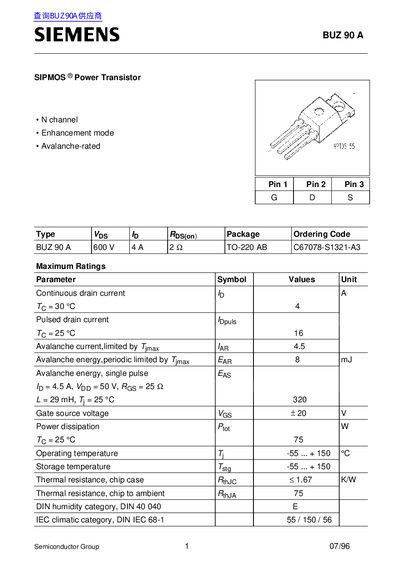 Siemens BUZ90A SIPMOS Power Transistor Datasheet - cover page