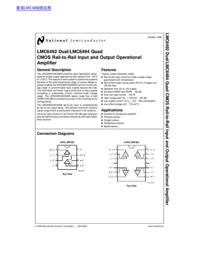 National Semiconductor LMC6492/LMC6494 CMOS Operational Amplifier Datasheet - cover page