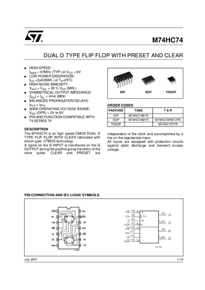 STMicroelectronics M74HC74 Dual D-Type Flip Flop Datasheet - cover page